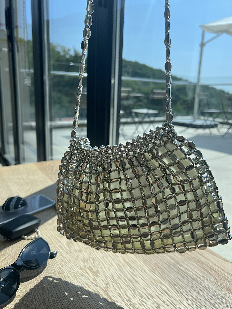 Metal Bead Net Mini Shoulder Bag