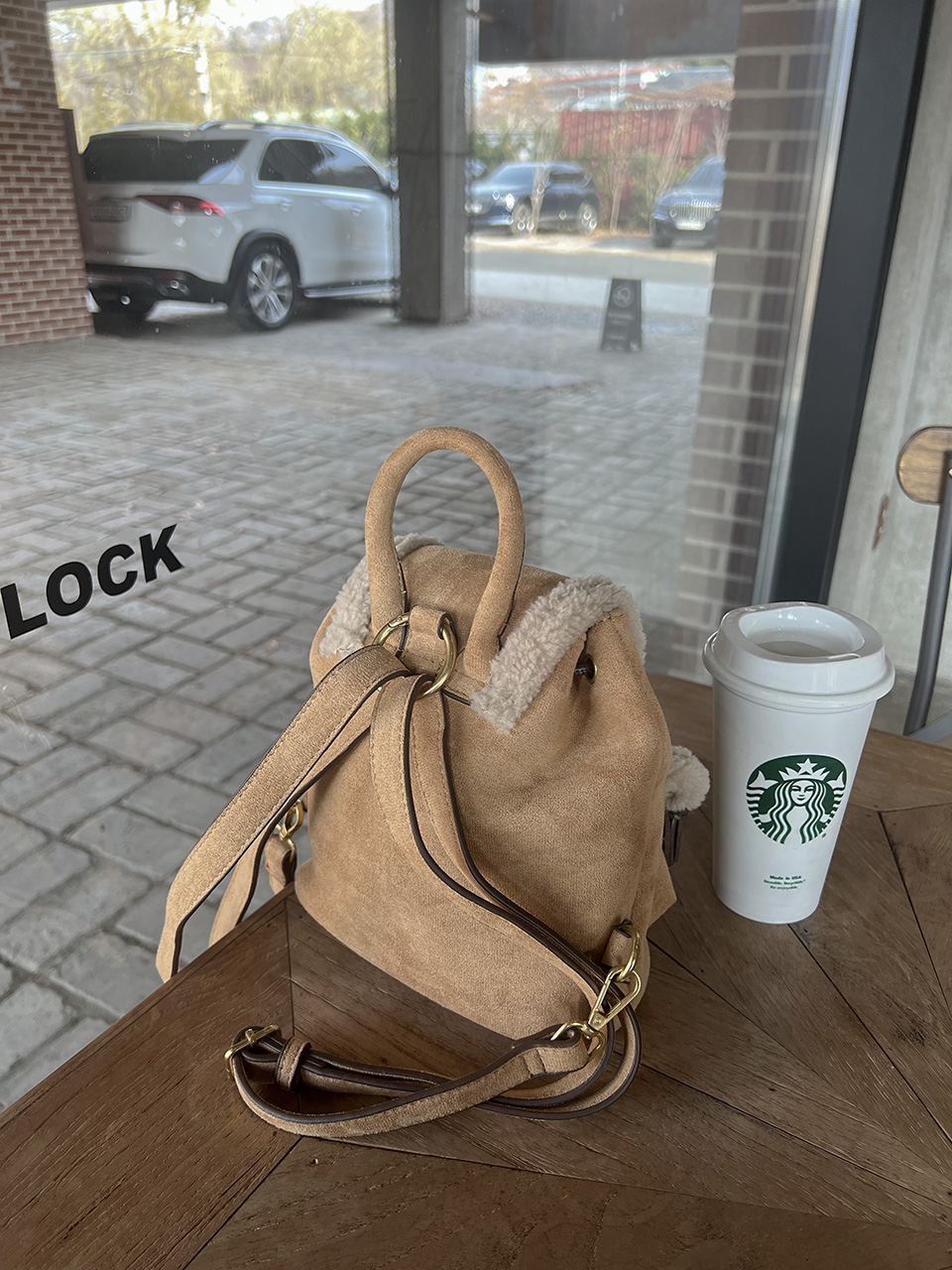 Suede pocket sheepskin bucket bag/mini backpack