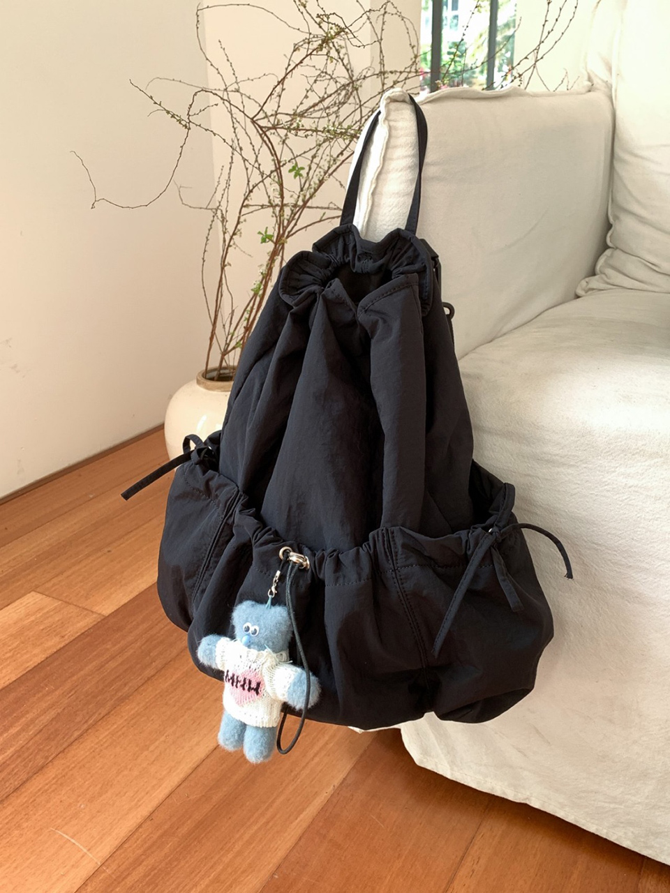 [3 colors] Ribbon Nylon Shirring String Backpack