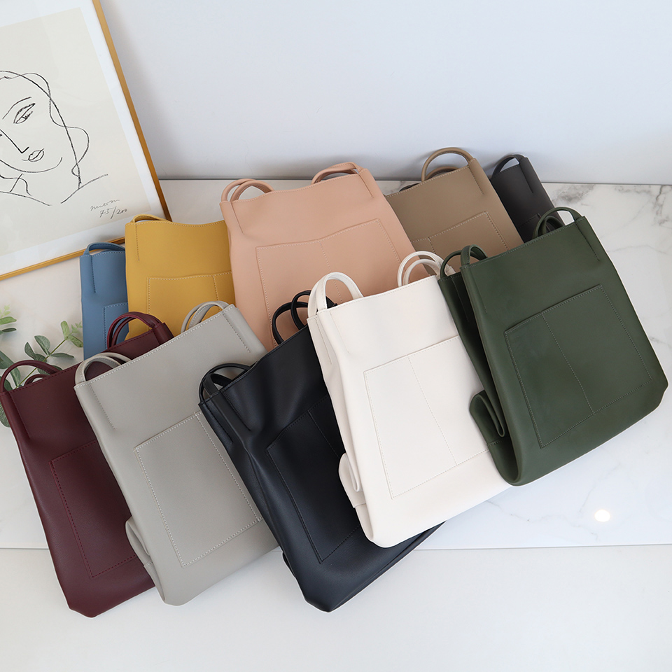 2-Pocket Square Leather Tote Bag/Shoulder Bag
