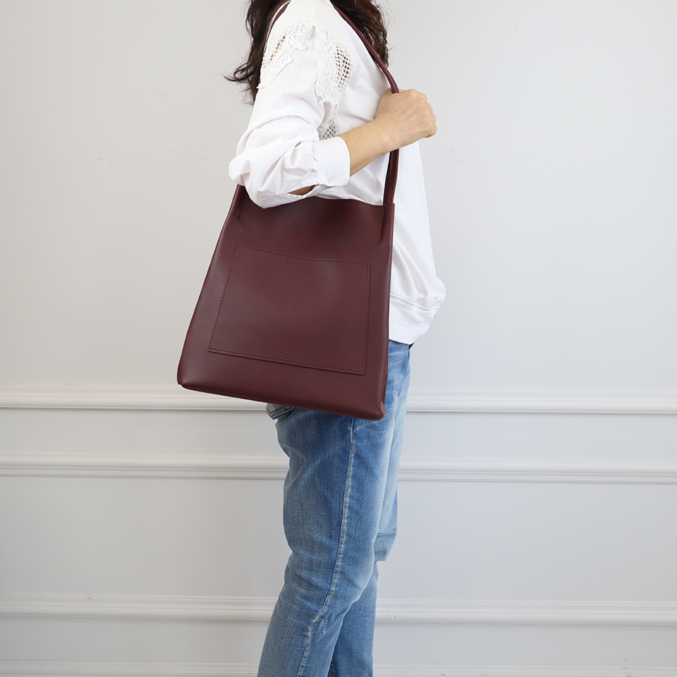 2-Pocket Square Leather Tote Bag/Shoulder Bag