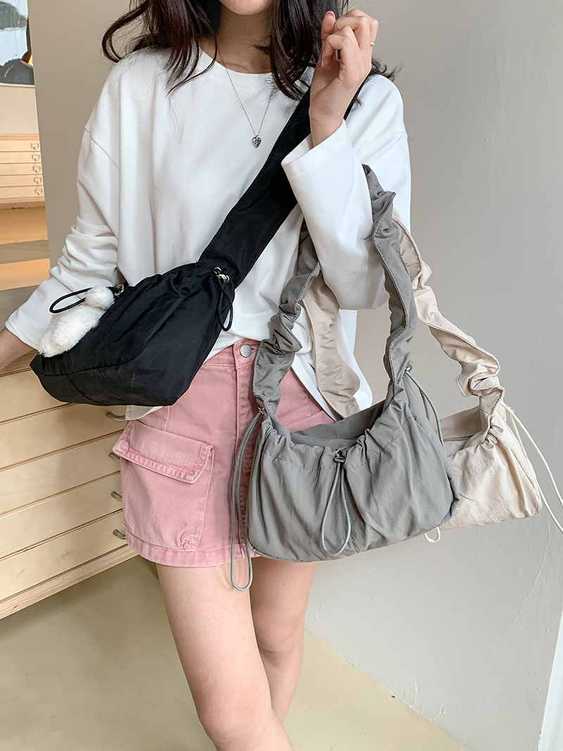 Shirring nylon pocket string shoulder bag (3 colors)