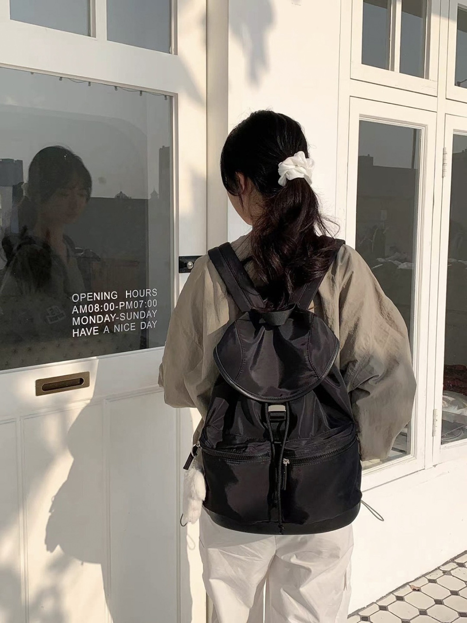 Nylon buckle string pocket daily backpack