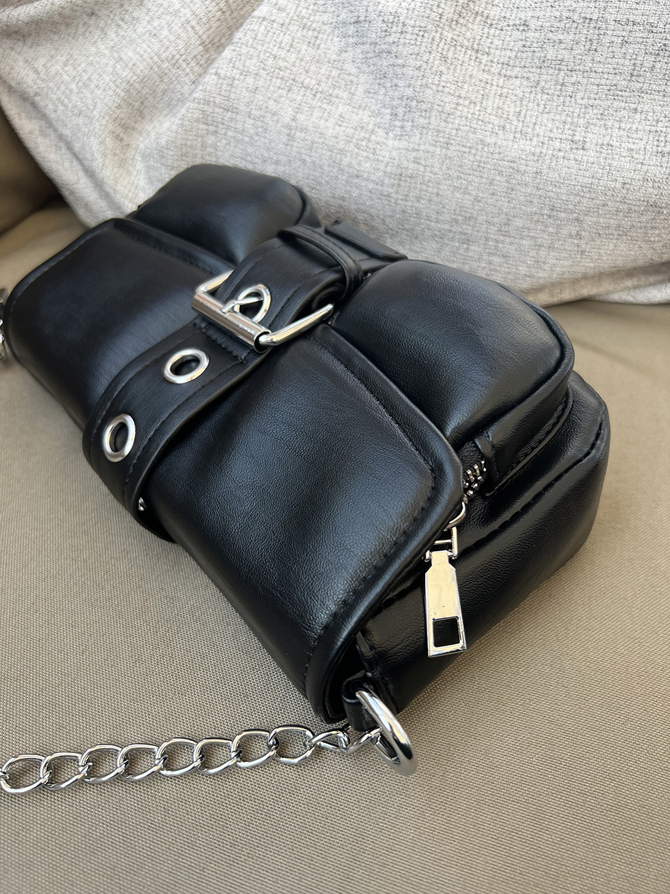 Eyelet Leather Belt Chain Mini Shoulder Bag
