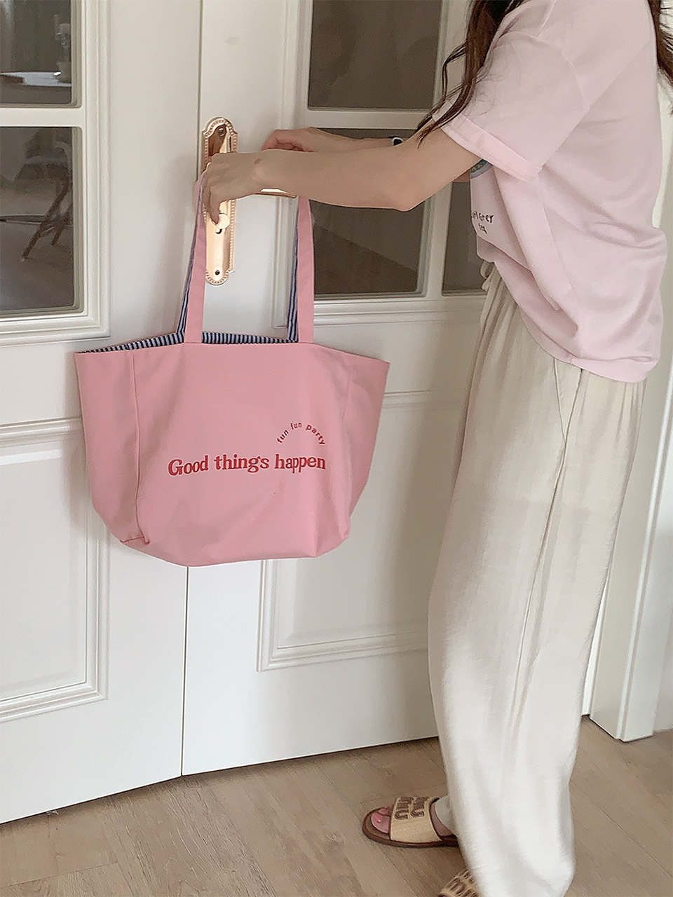 Reversible Stripe Border Lettering Big Eco Bag
