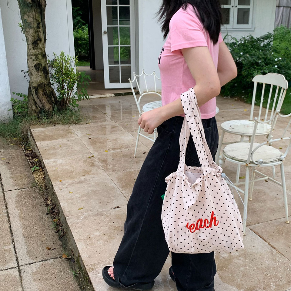 [3 colors] Dot Lettering String Bucket Bag