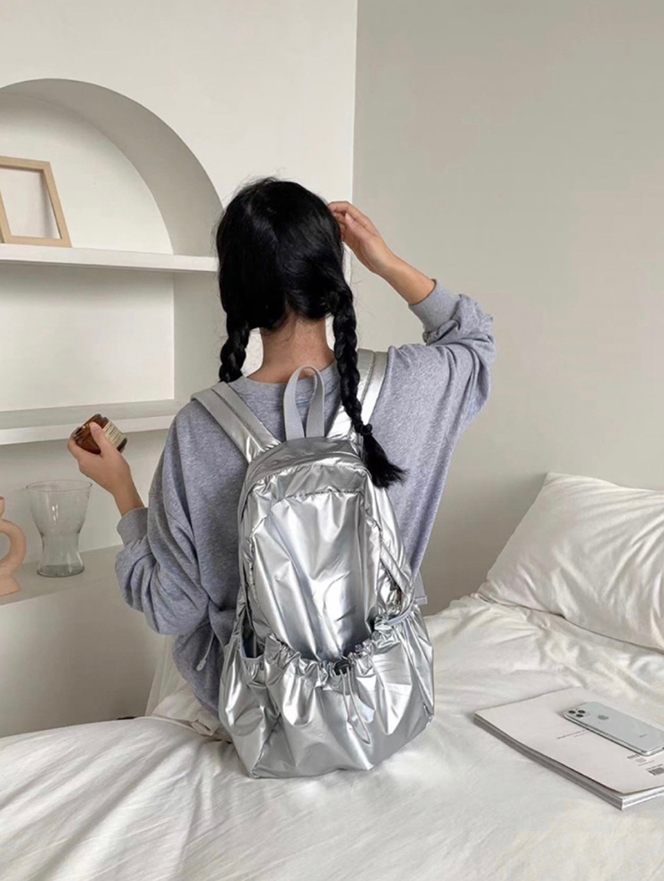 Croon Pocket Silver String Backpack Rucksack