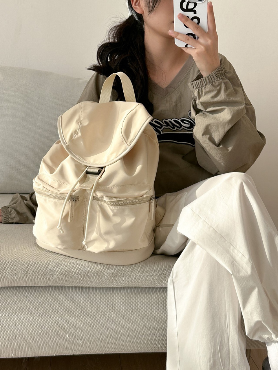 Nylon buckle string pocket daily backpack