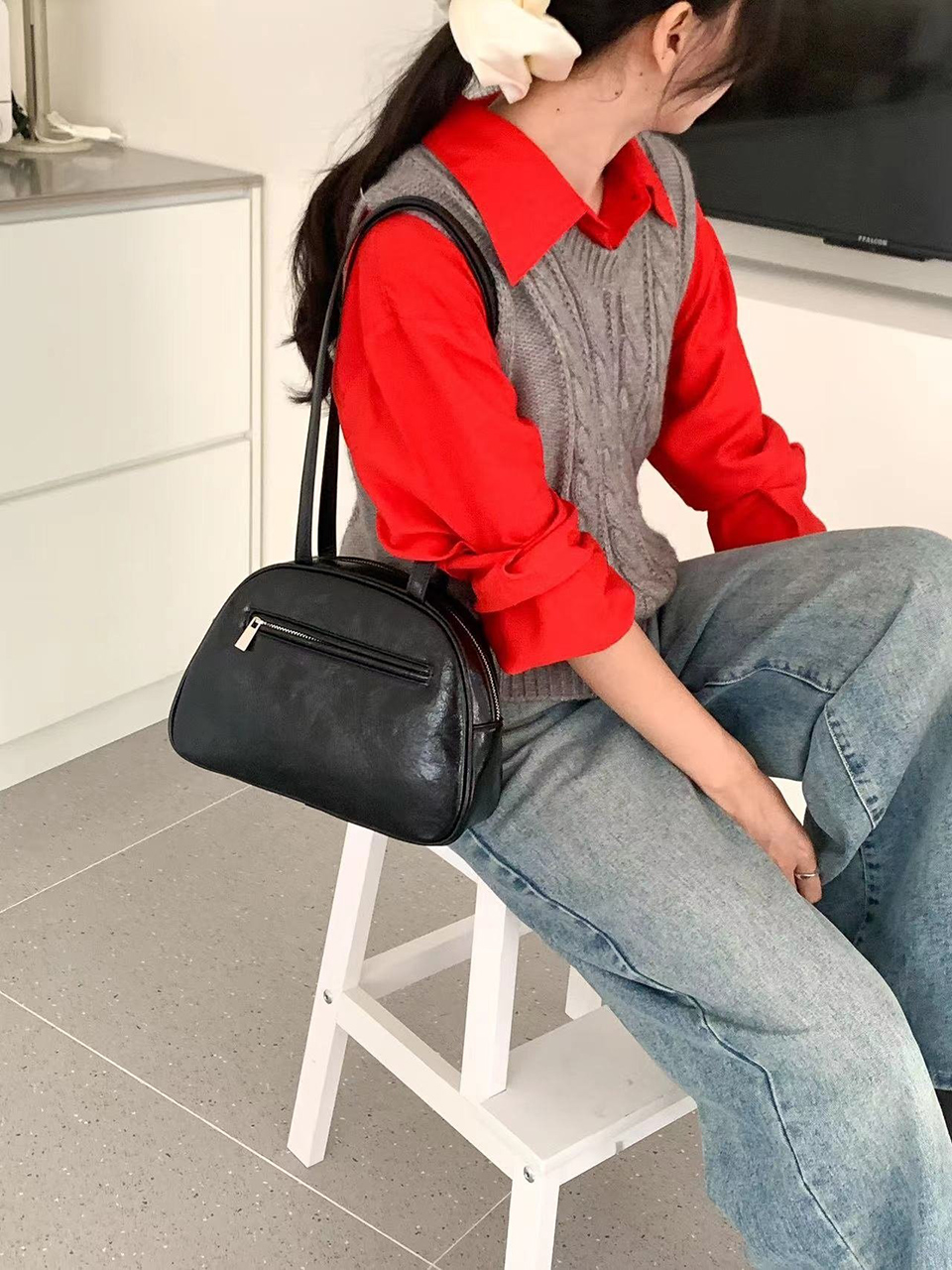 Cracked Round Leather Tote Bag/Shoulder Bag