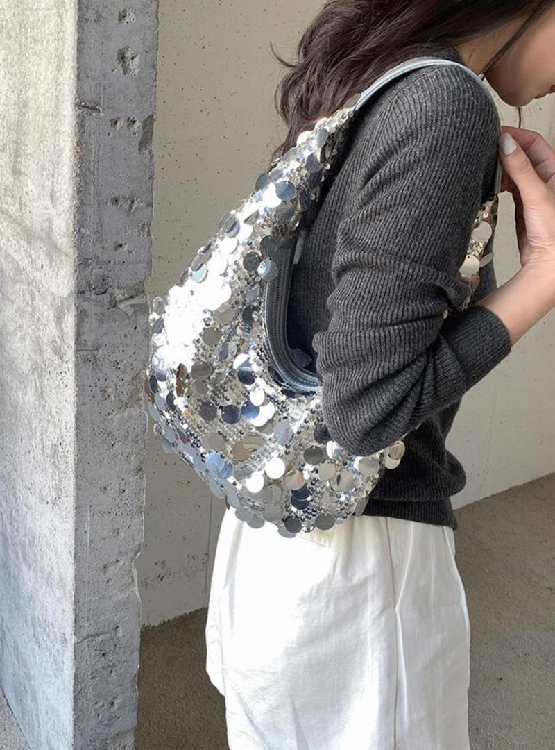 Sequined round zipper shoulder bag (2 colors)