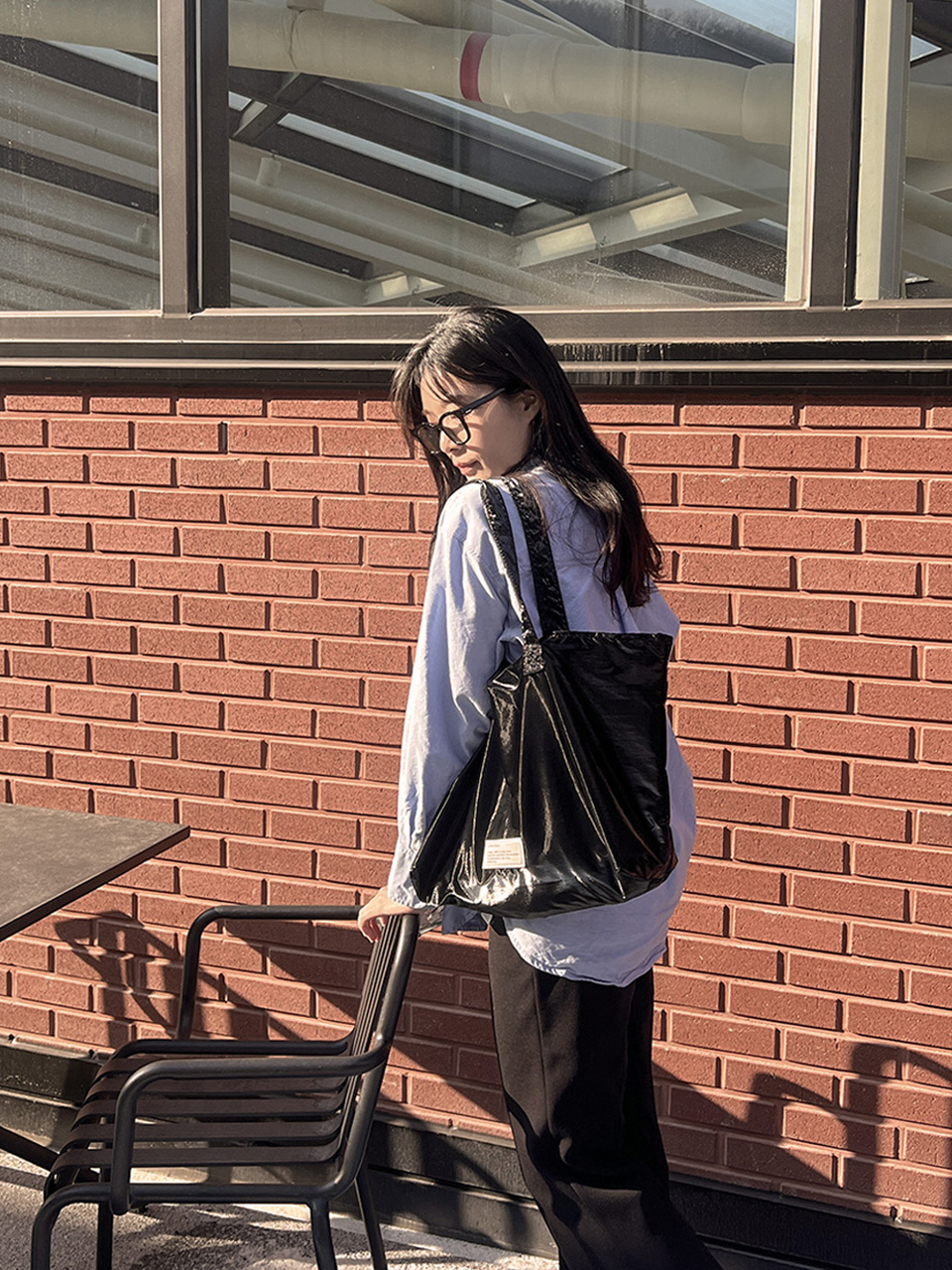 Glossy nylon shoulder bag