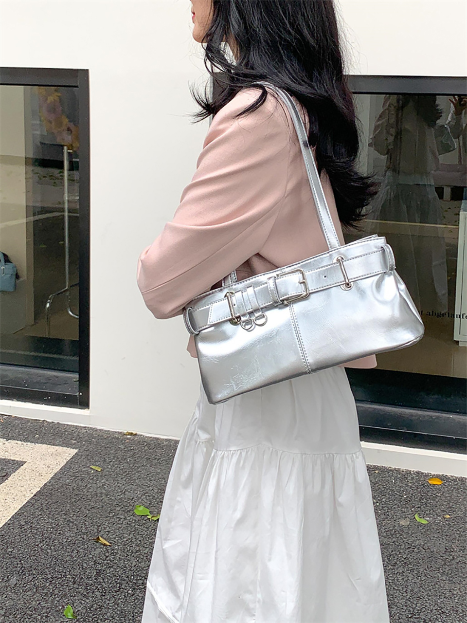 Belted glossy leather shoulder bag