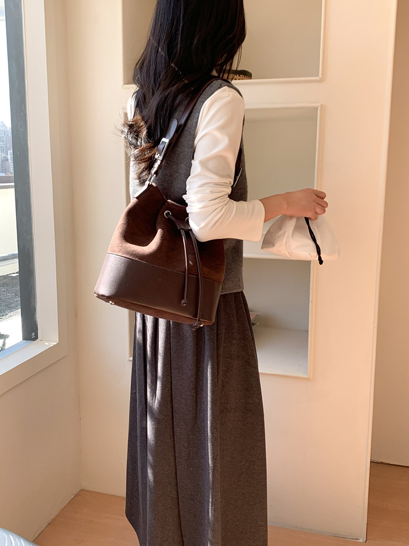 Suede Buckle Leather Bucket Bag/Shoulder Bag