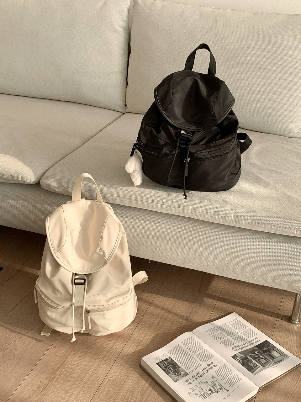 Nylon buckle string pocket daily backpack