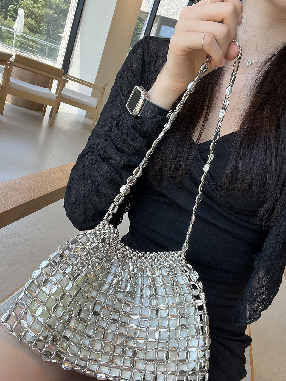 Metal Bead Net Mini Shoulder Bag