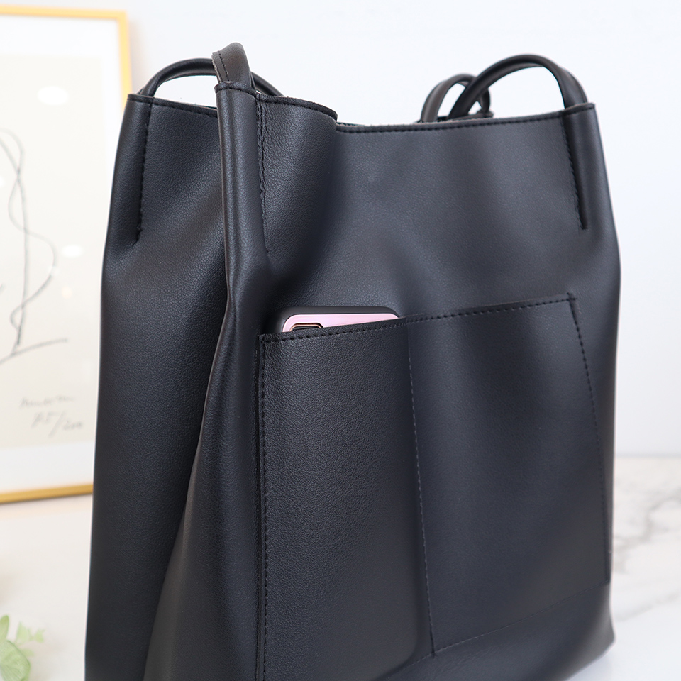 2-Pocket Square Leather Tote Bag/Shoulder Bag