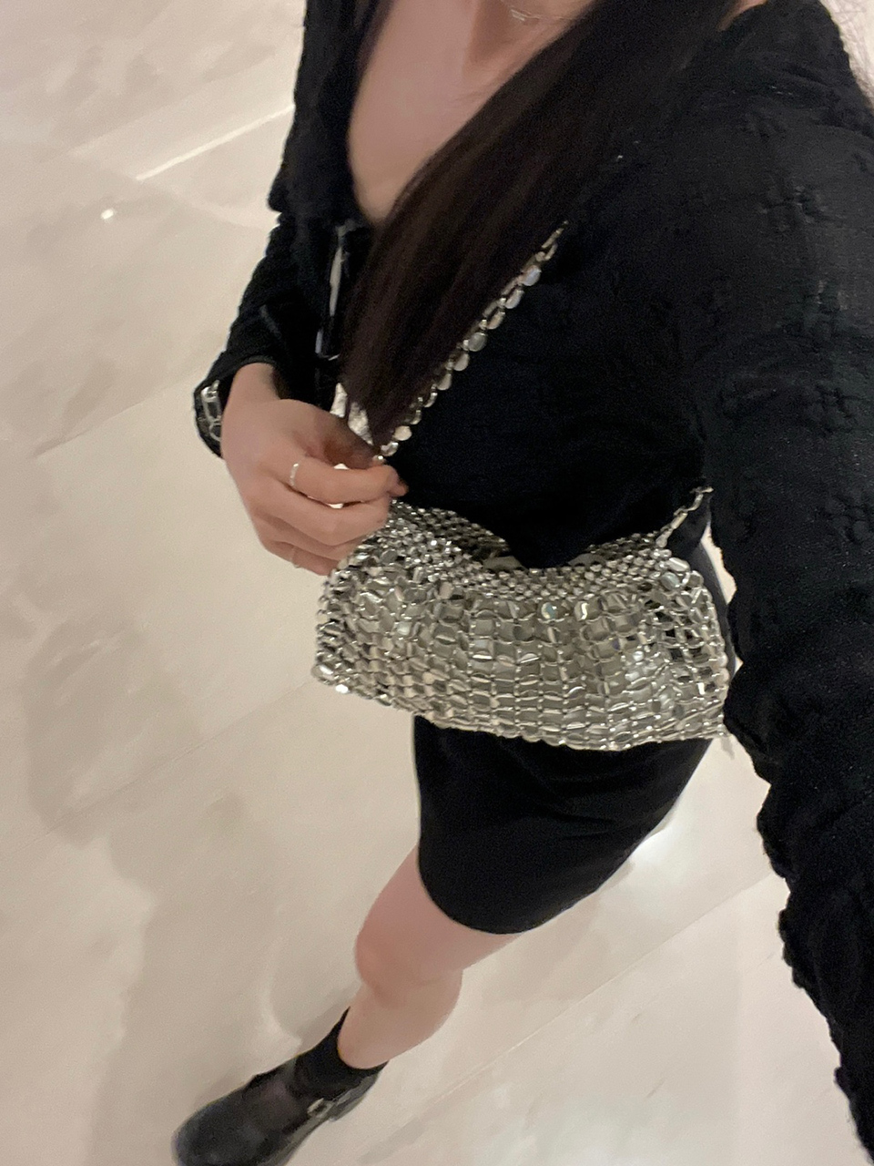 Metal Bead Net Mini Shoulder Bag