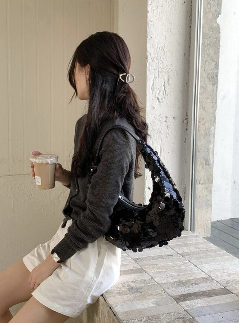Sequined round zipper shoulder bag (2 colors)