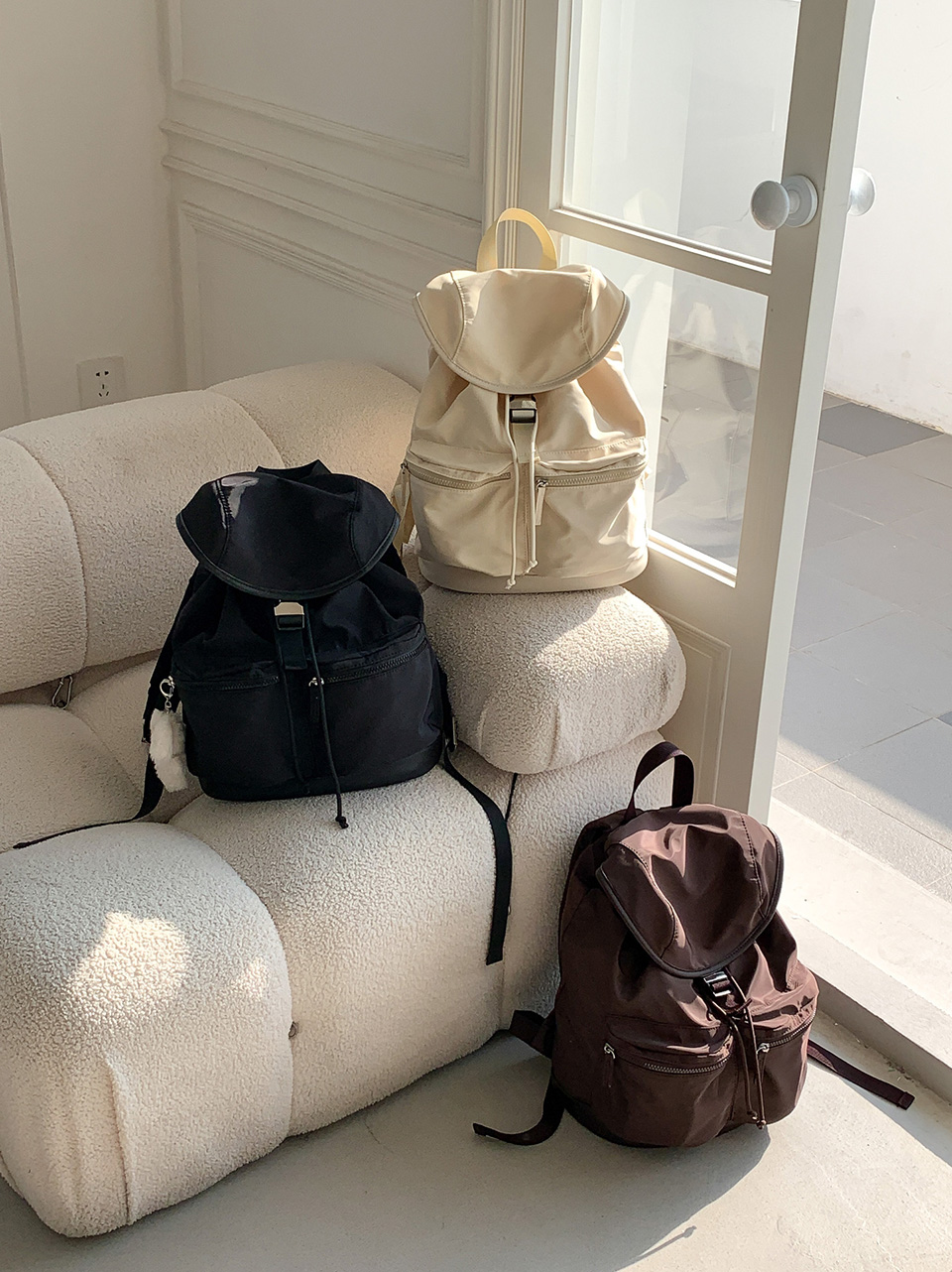 Nylon buckle string pocket daily backpack