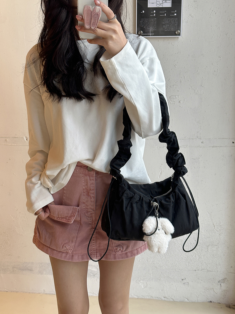Shirring nylon pocket string shoulder bag (3 colors)