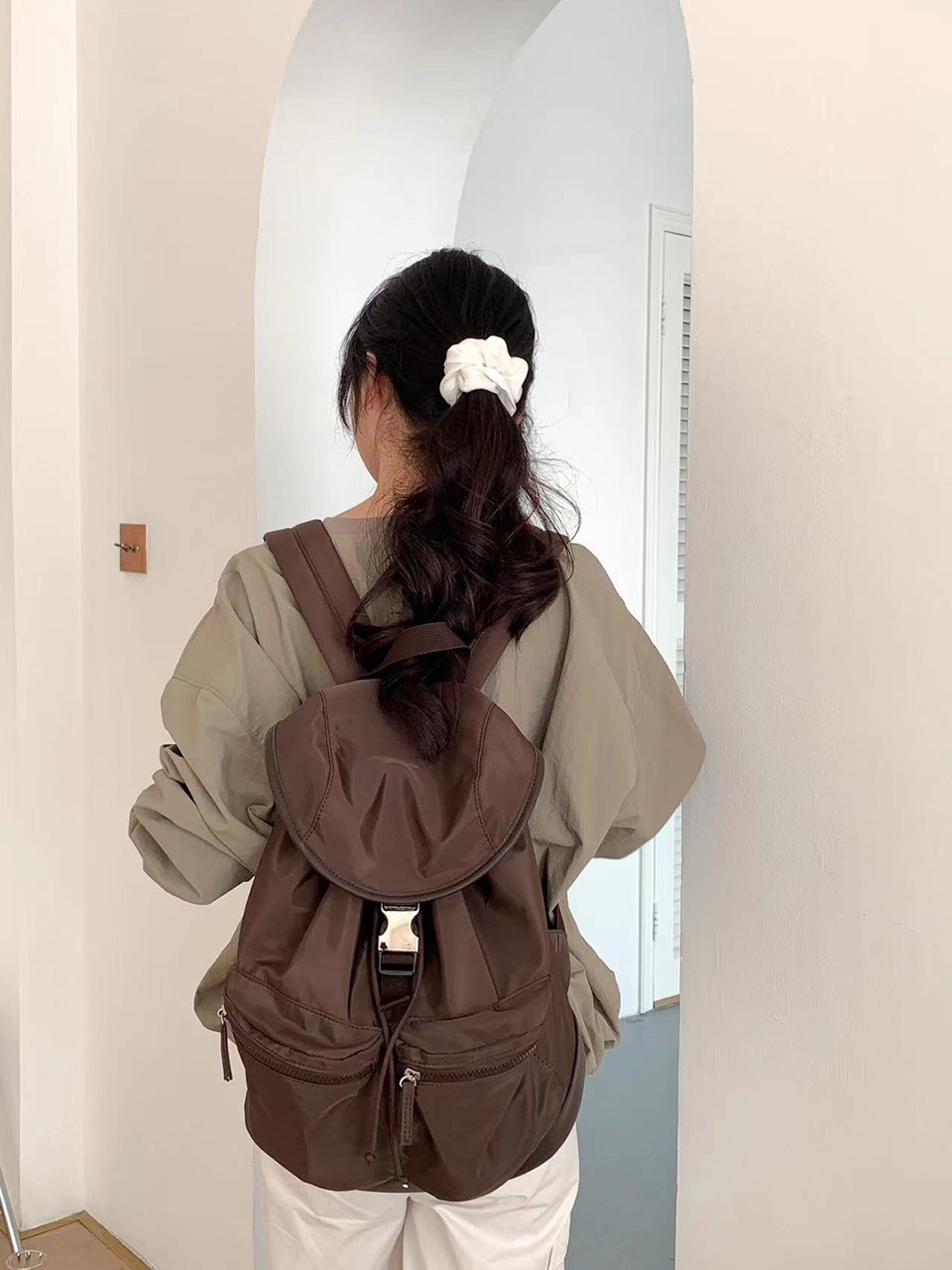 Nylon buckle string pocket daily backpack