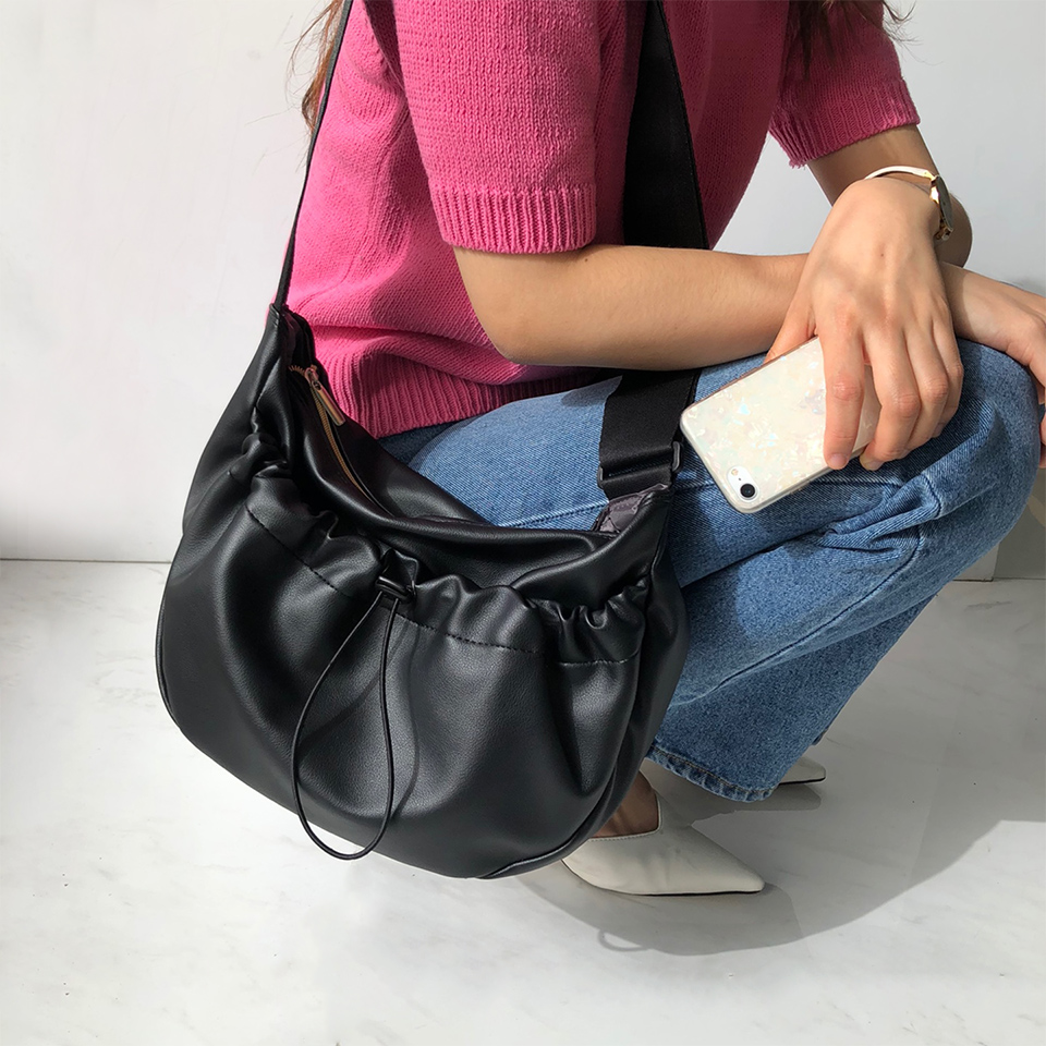 Leather String Pocket Zip-Up Crossbody Bag