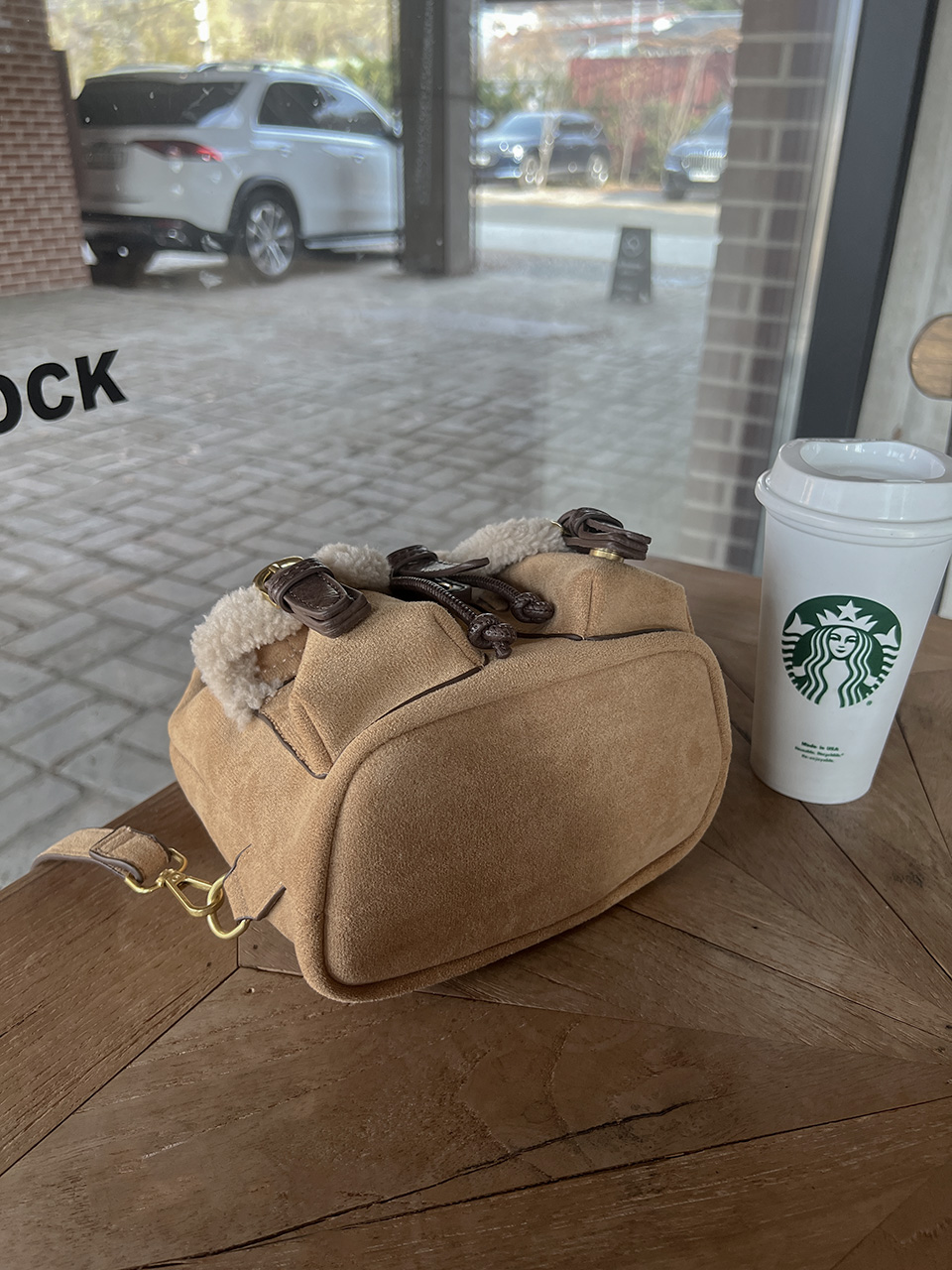 Suede pocket sheepskin bucket bag/mini backpack