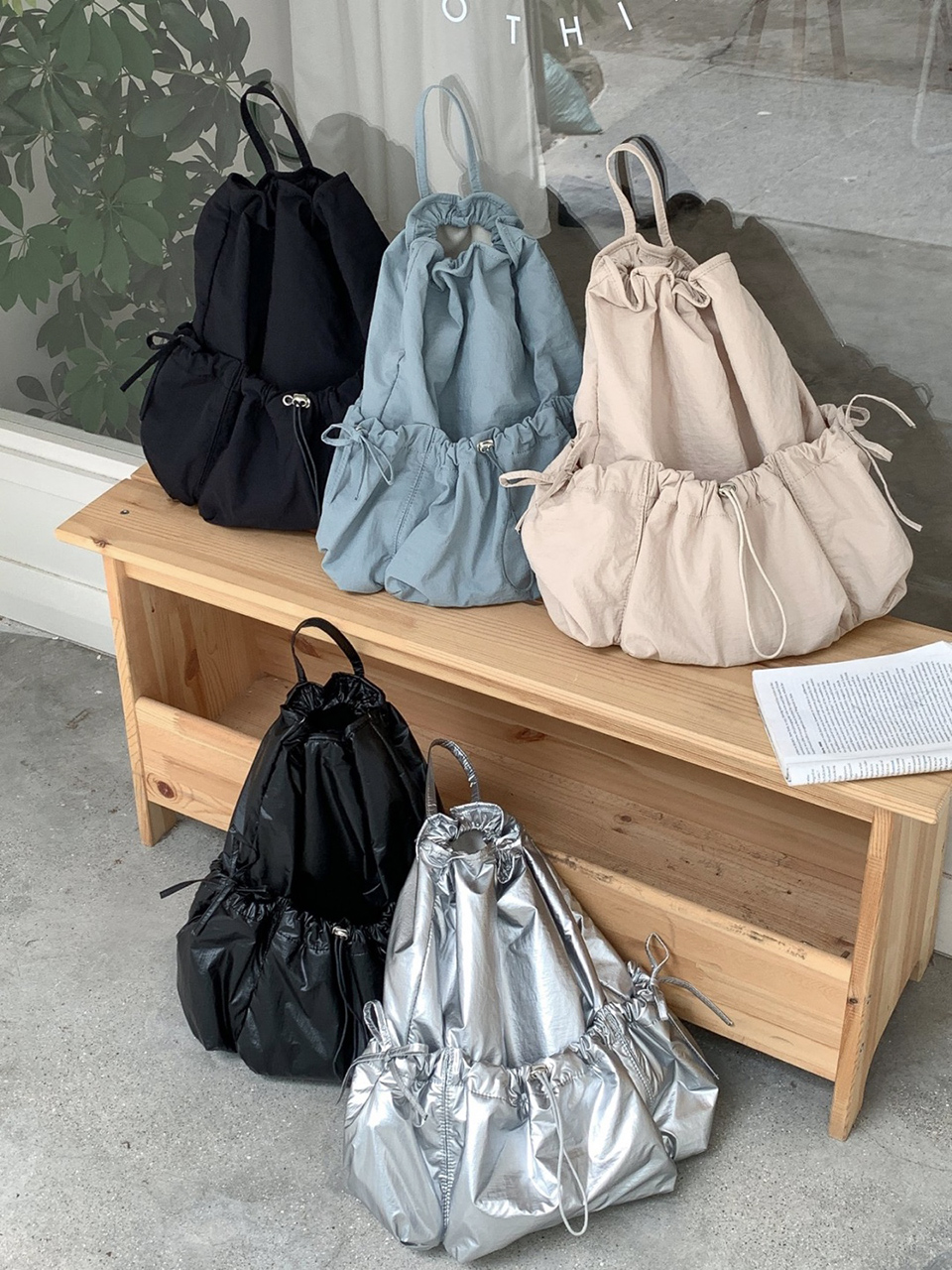 [3 colors] Ribbon Nylon Shirring String Backpack
