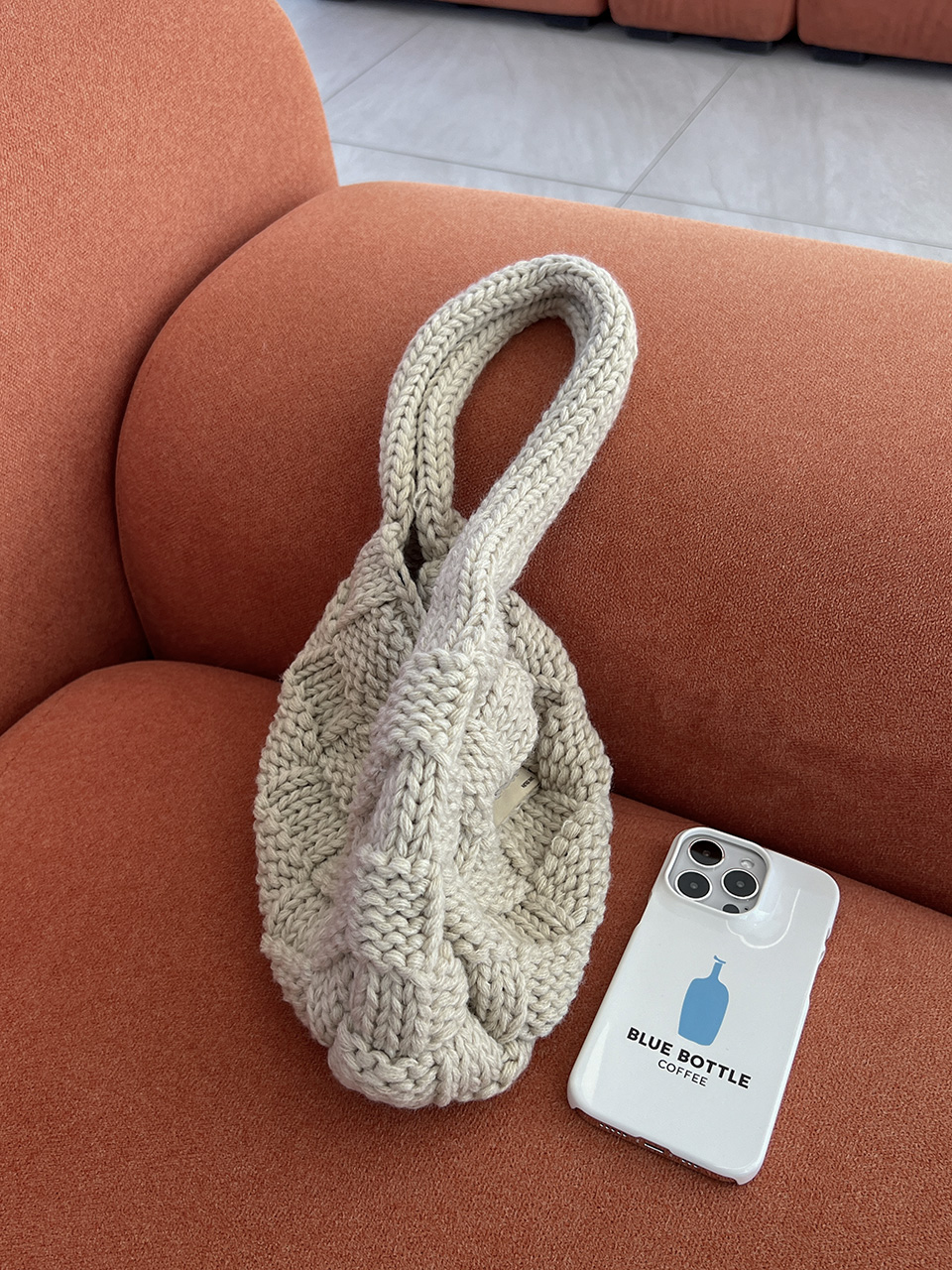 Knitted round crochet tote bag