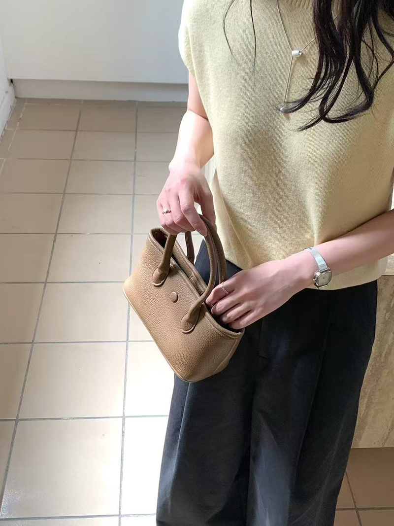Button Square Leather Mini Tote Bag