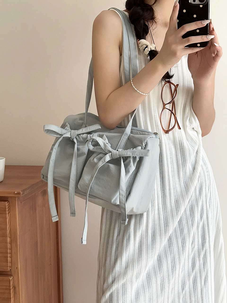 Ribbon Ballet Core Pocket Nylon Shoulder Bag (4 colors)