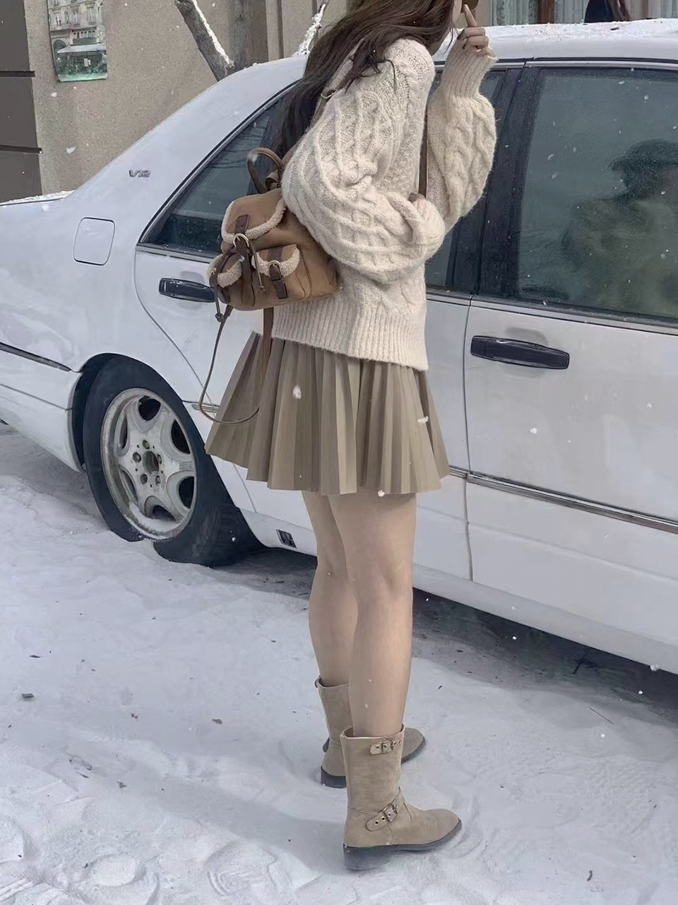 Suede pocket sheepskin bucket bag/mini backpack