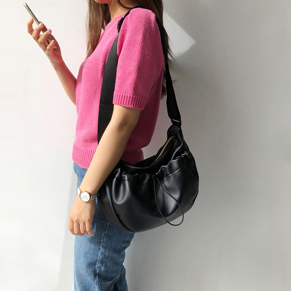 Leather String Pocket Zip-Up Crossbody Bag