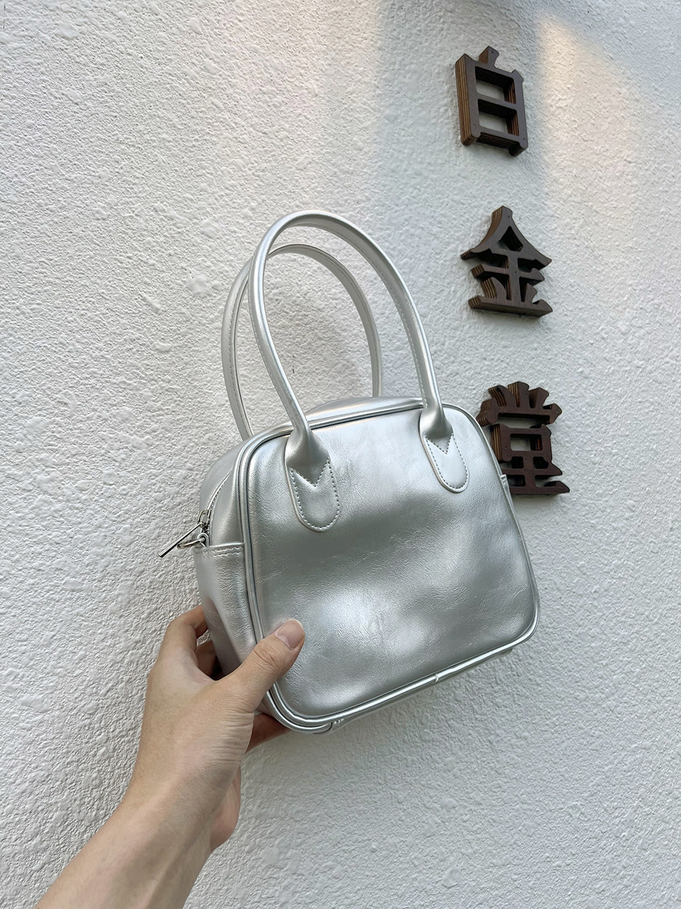 Tammy Square Glossy Silver Mini Tote Bag