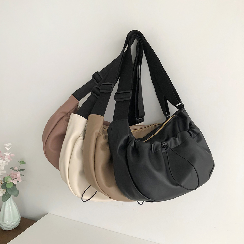 Leather String Pocket Zip-Up Crossbody Bag