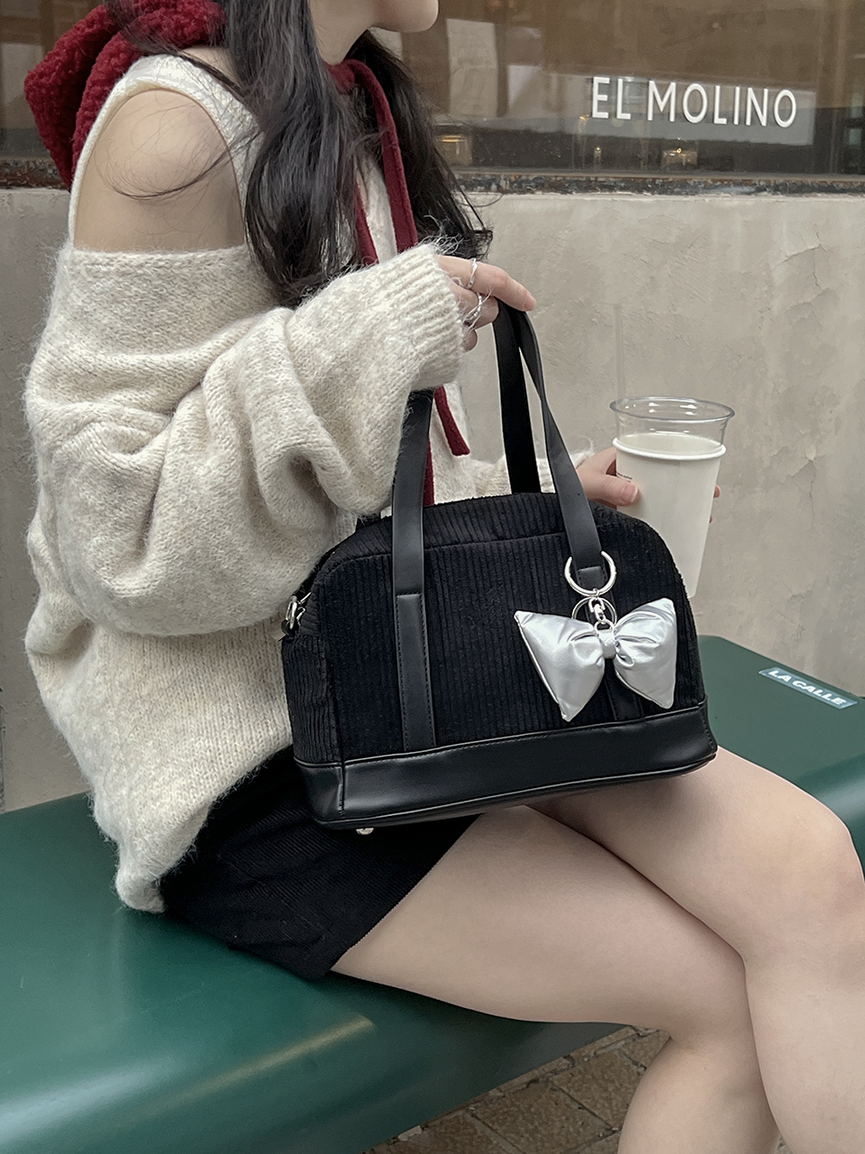 コーデュロイリボンチャームミニトートバッグ | ファッション