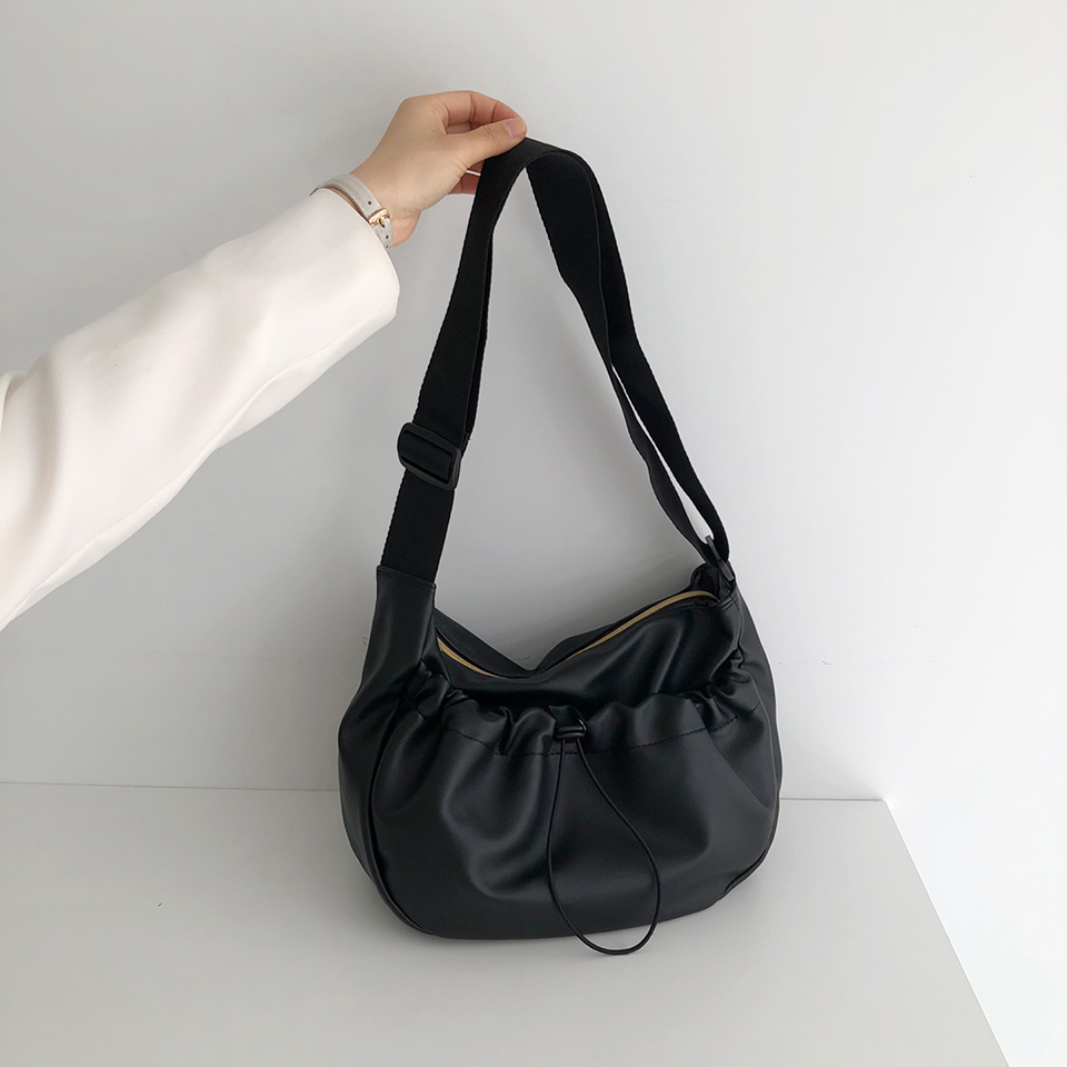 Leather String Pocket Zip-Up Crossbody Bag