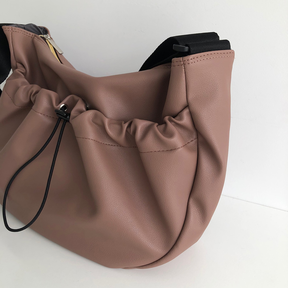 Leather String Pocket Zip-Up Crossbody Bag