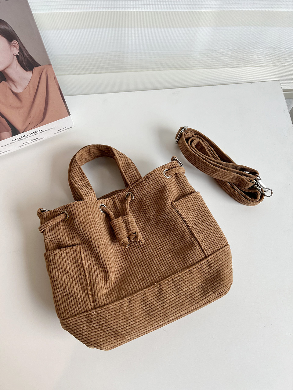 Corduroy Mini Bucket Bag, Bucket Cloth Eco Bag (6 colors)