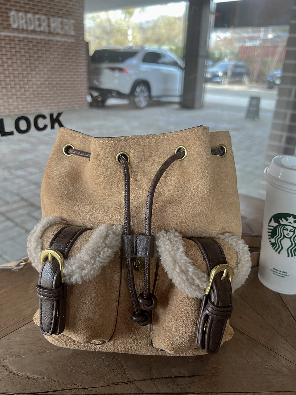 Suede pocket sheepskin bucket bag/mini backpack