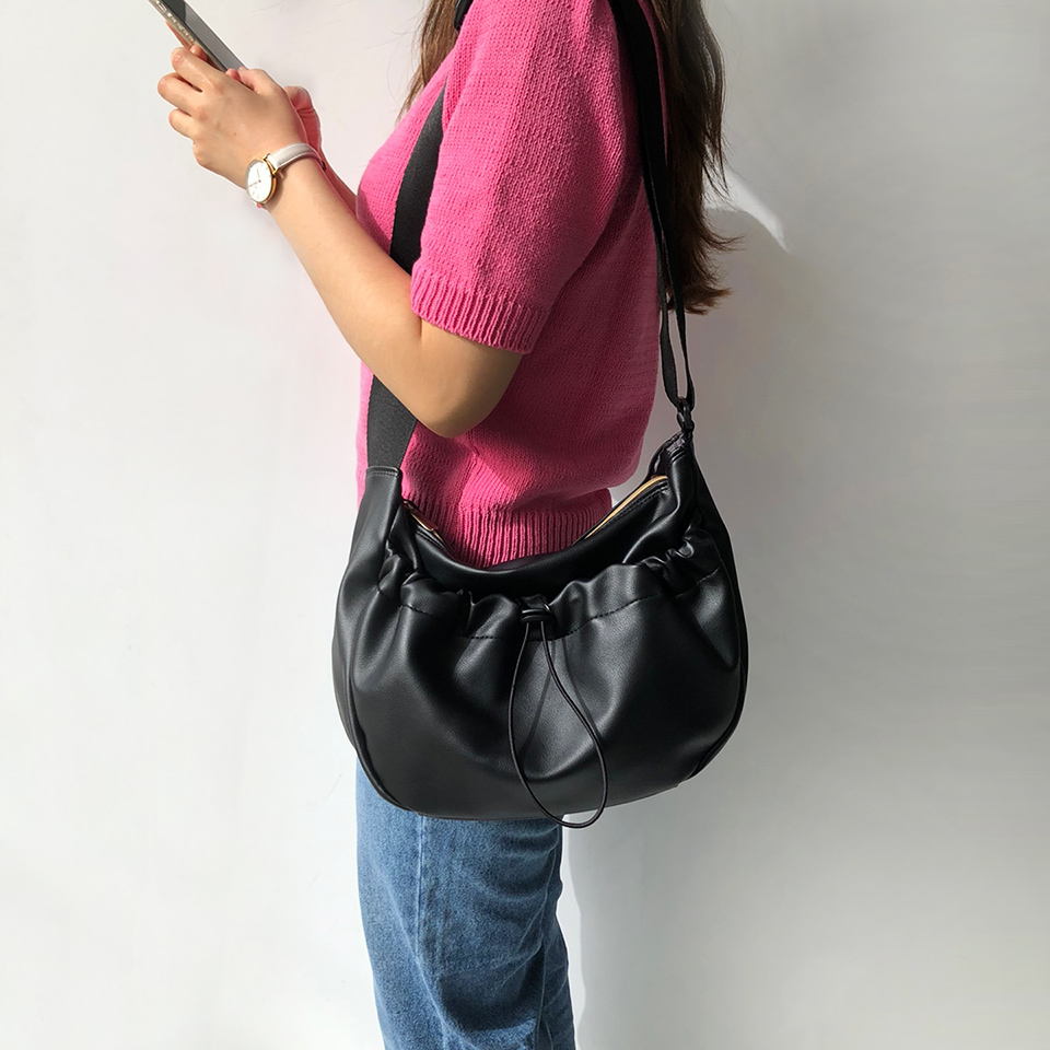 Leather String Pocket Zip-Up Crossbody Bag