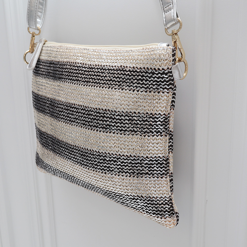 Silver striped rattan zipper cross clutch bag