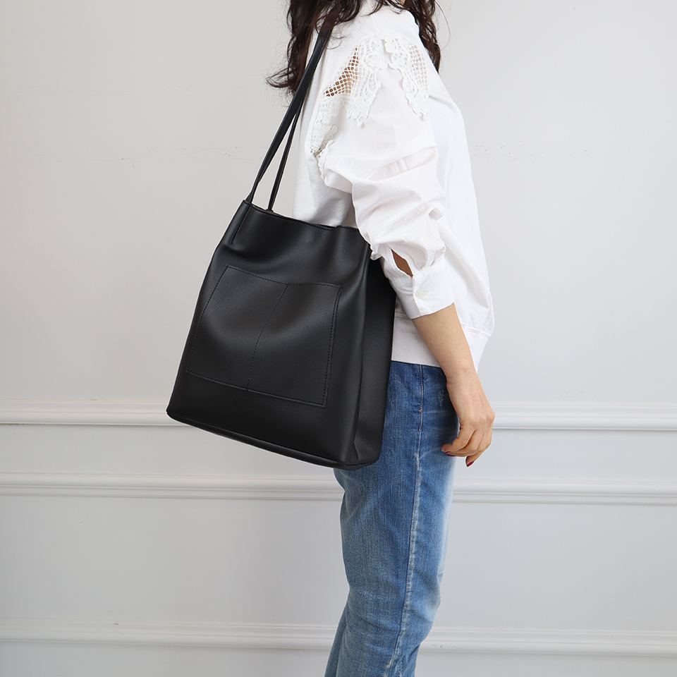 2-Pocket Square Leather Tote Bag/Shoulder Bag