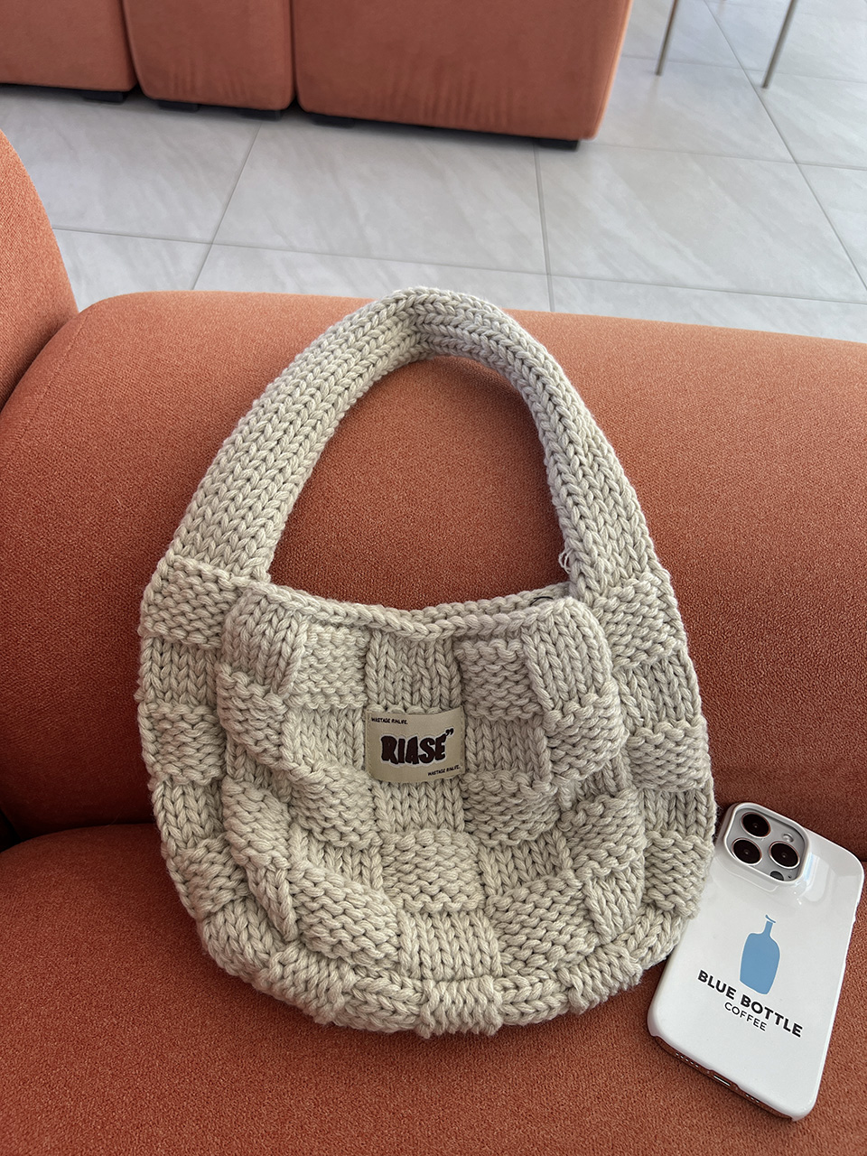 Knitted round crochet tote bag