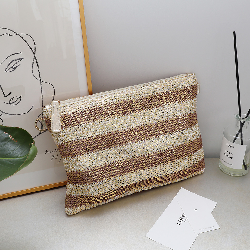 Silver striped rattan zipper cross clutch bag