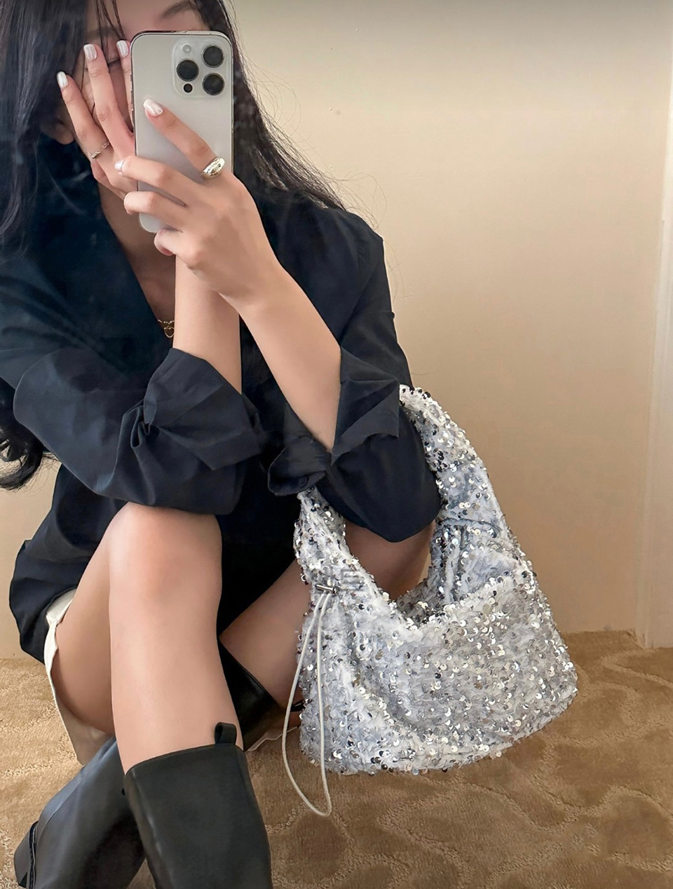 Bling Shirred Silver Mini Tote Bag