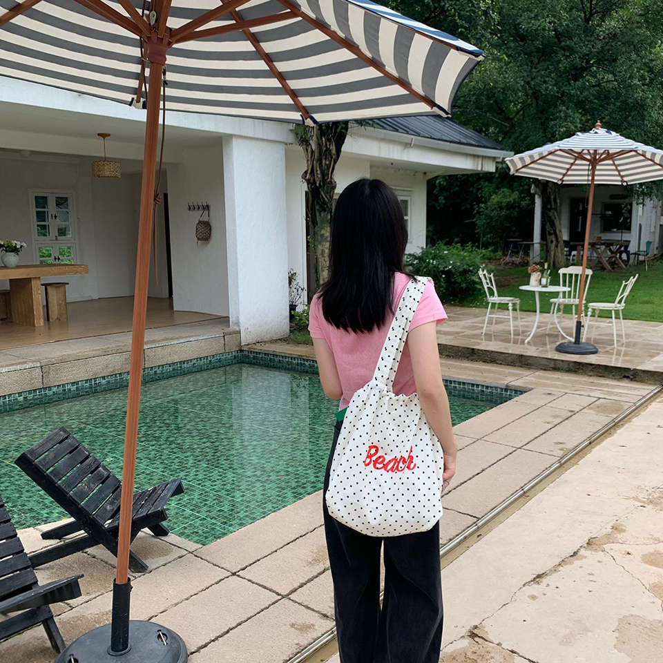 [3 colors] Dot Lettering String Bucket Bag