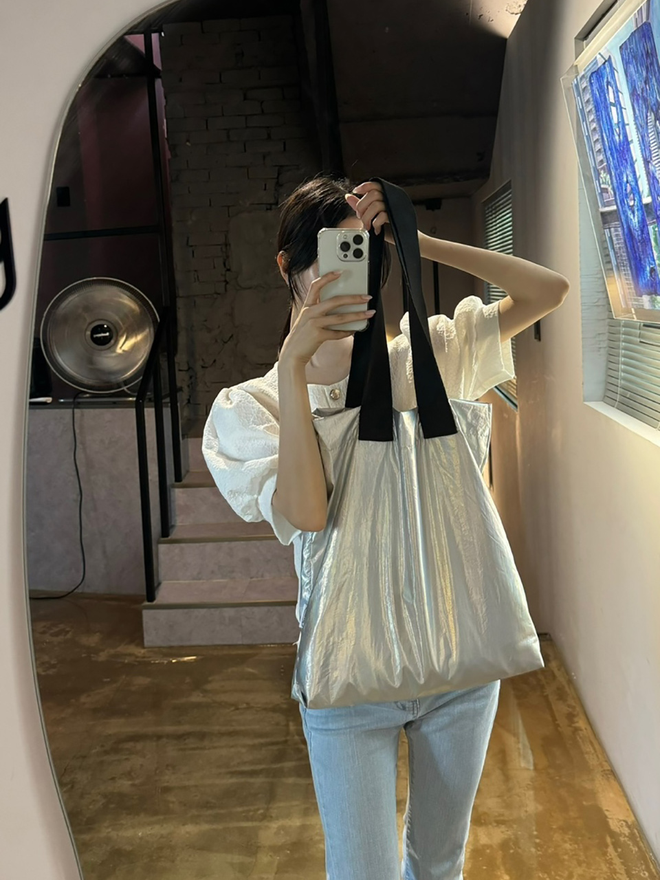 Nylon Silver Plain Shoulder Eco Bag / Shoulder Bag