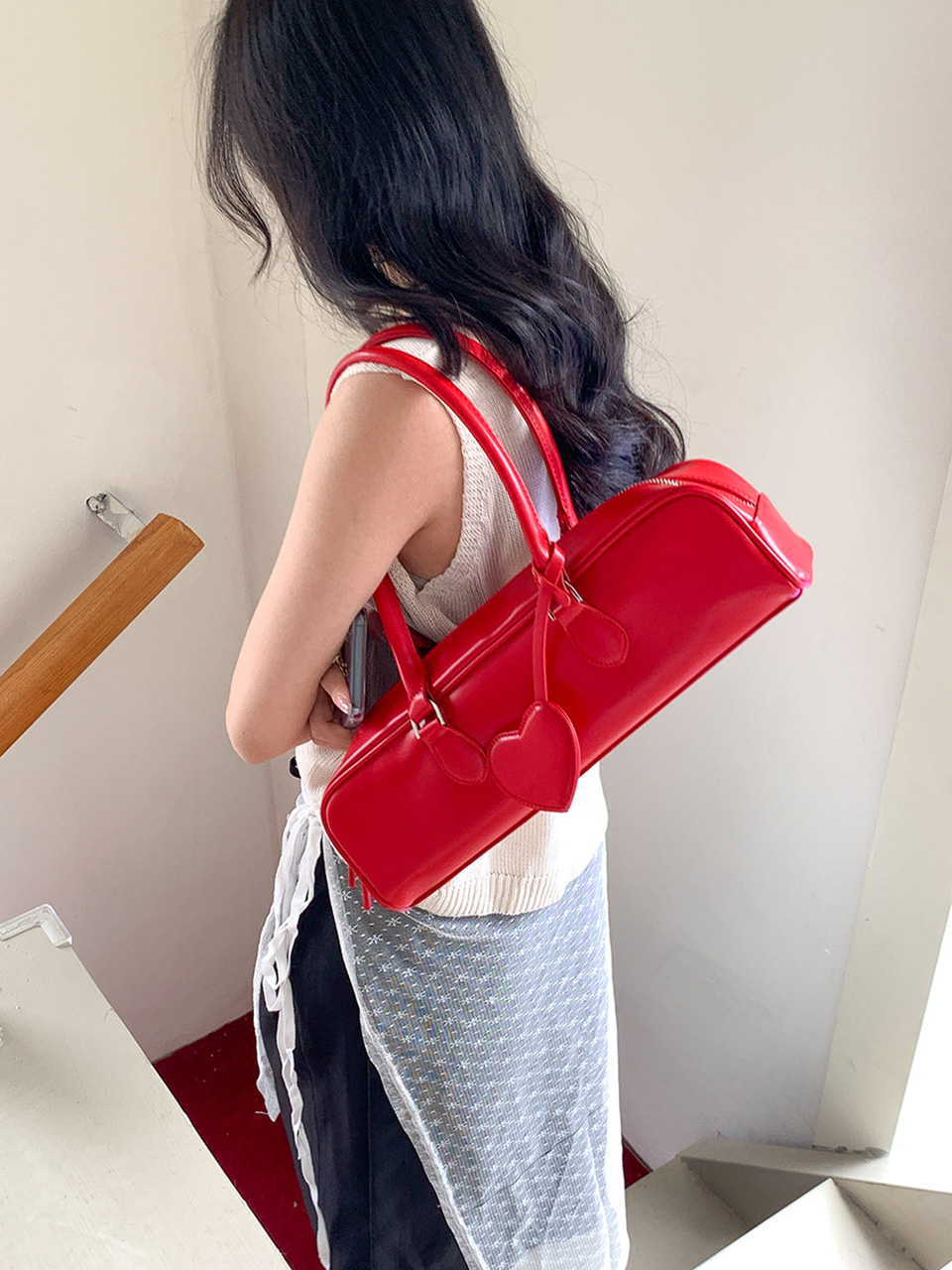 Heart Charm Square Leather Shoulder Bag