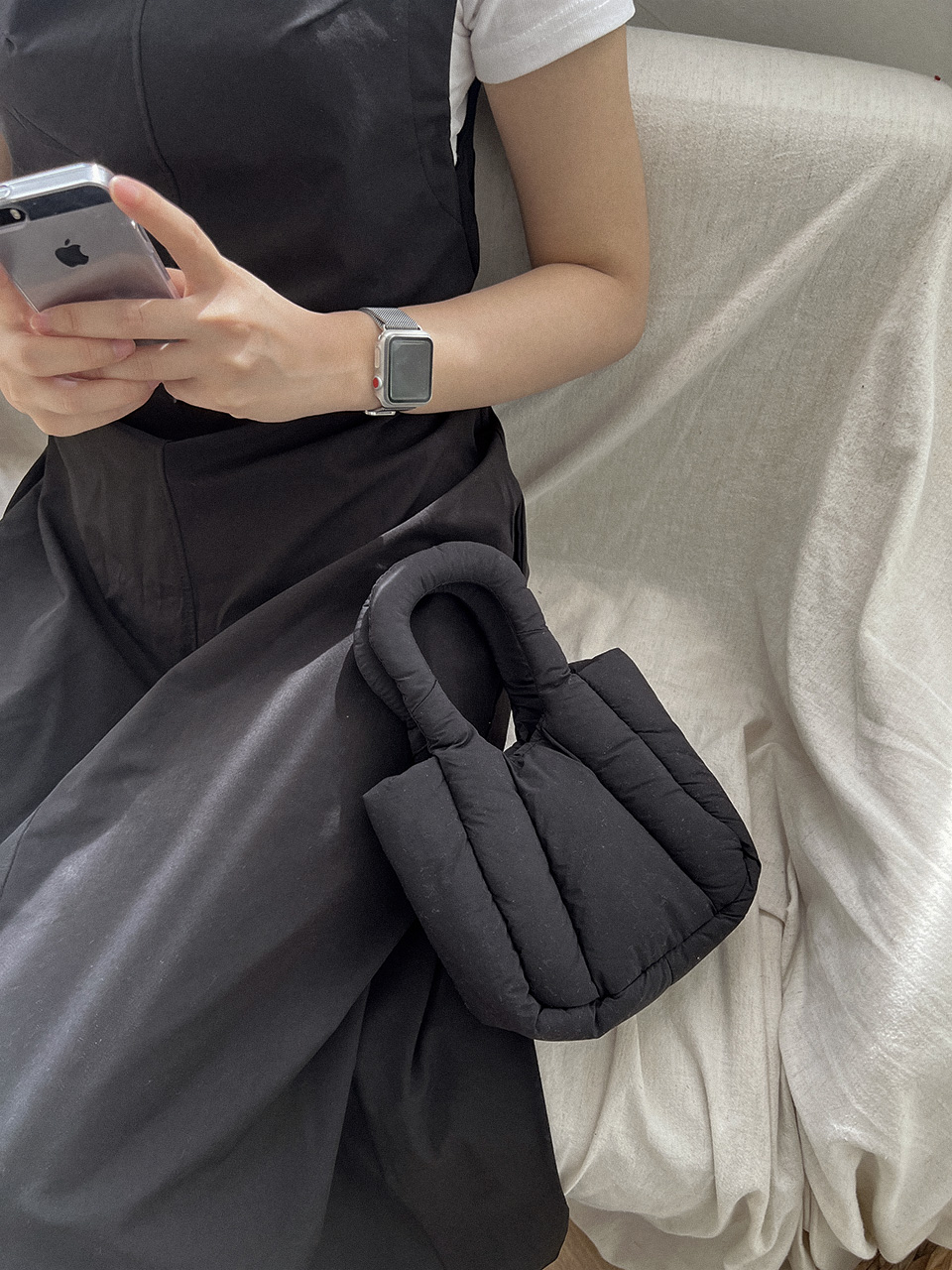 Nylon quilted chain mini tote bag